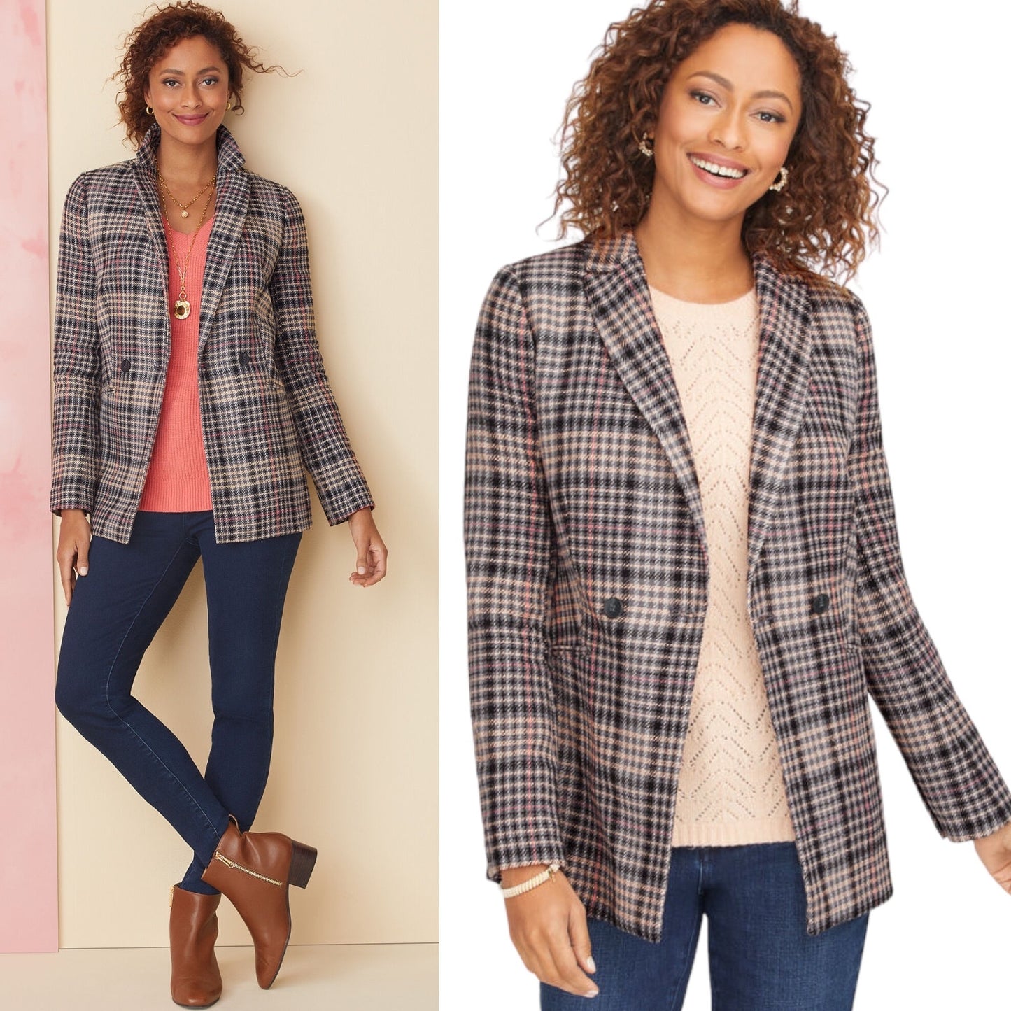 Talbots Double Breasted Bradwell Plaid Blazer Jacket Gray Pink Size 16