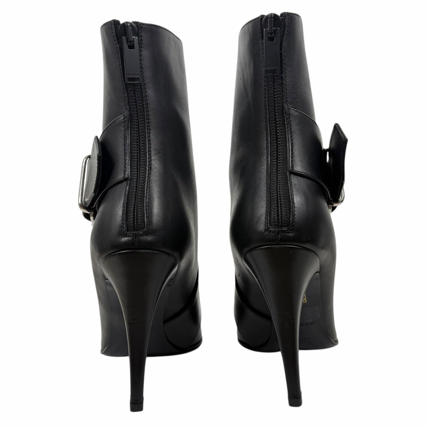 Alexander McQueen Heron Buckle Leather Heeled Boot Black Size 38