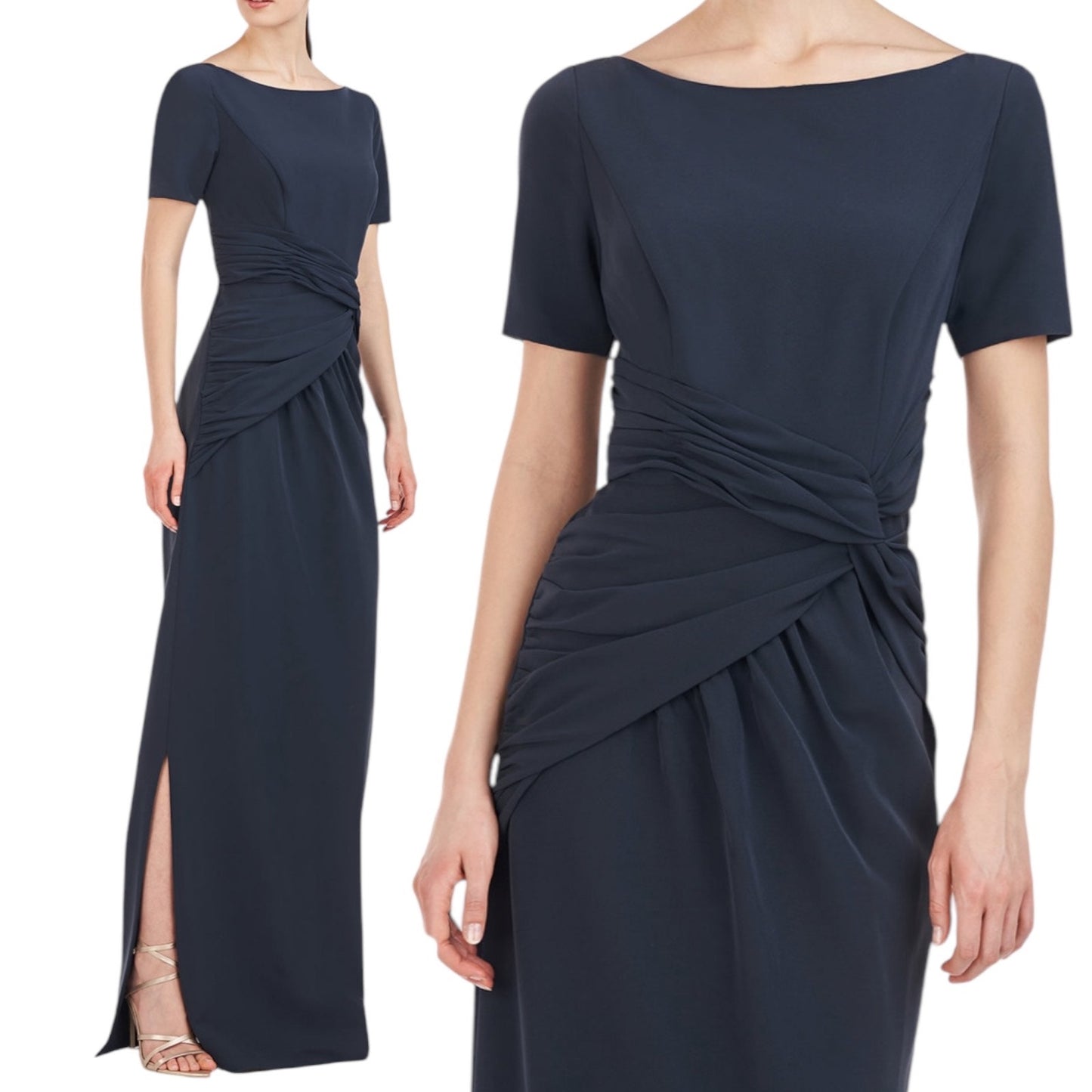 Kay Unger Garbo Gathered Column Gown Short Sleeve Carbon Blue Size 8