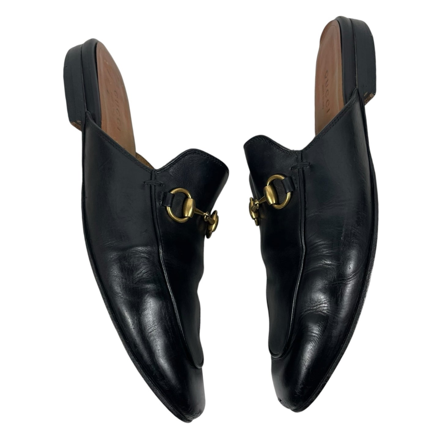 Gucci Princetown Slide Mules Gold Horsebit Flats Black Leather Size 36