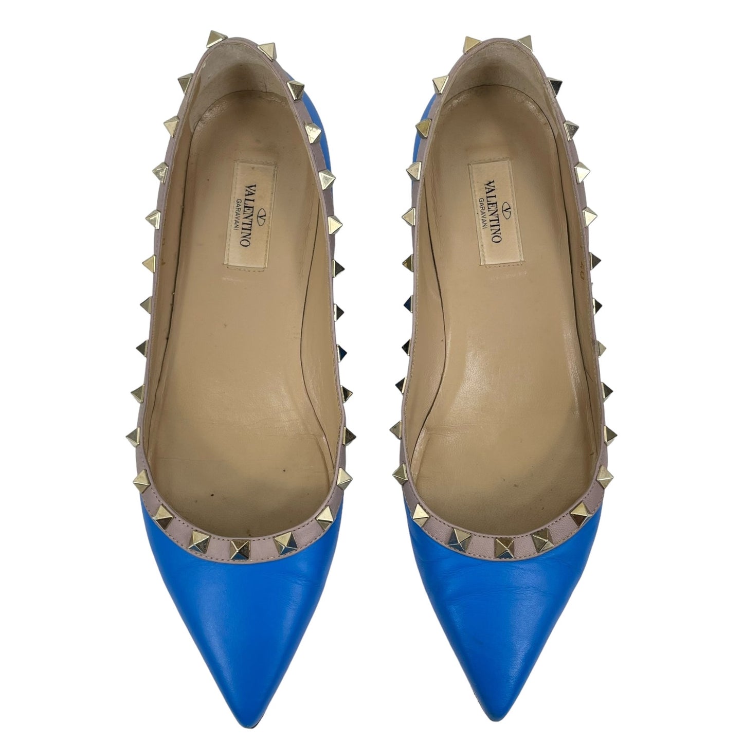 Valentino Garavani Rockstud Two Tone Poined Toe Flats Blue Pink Size 40