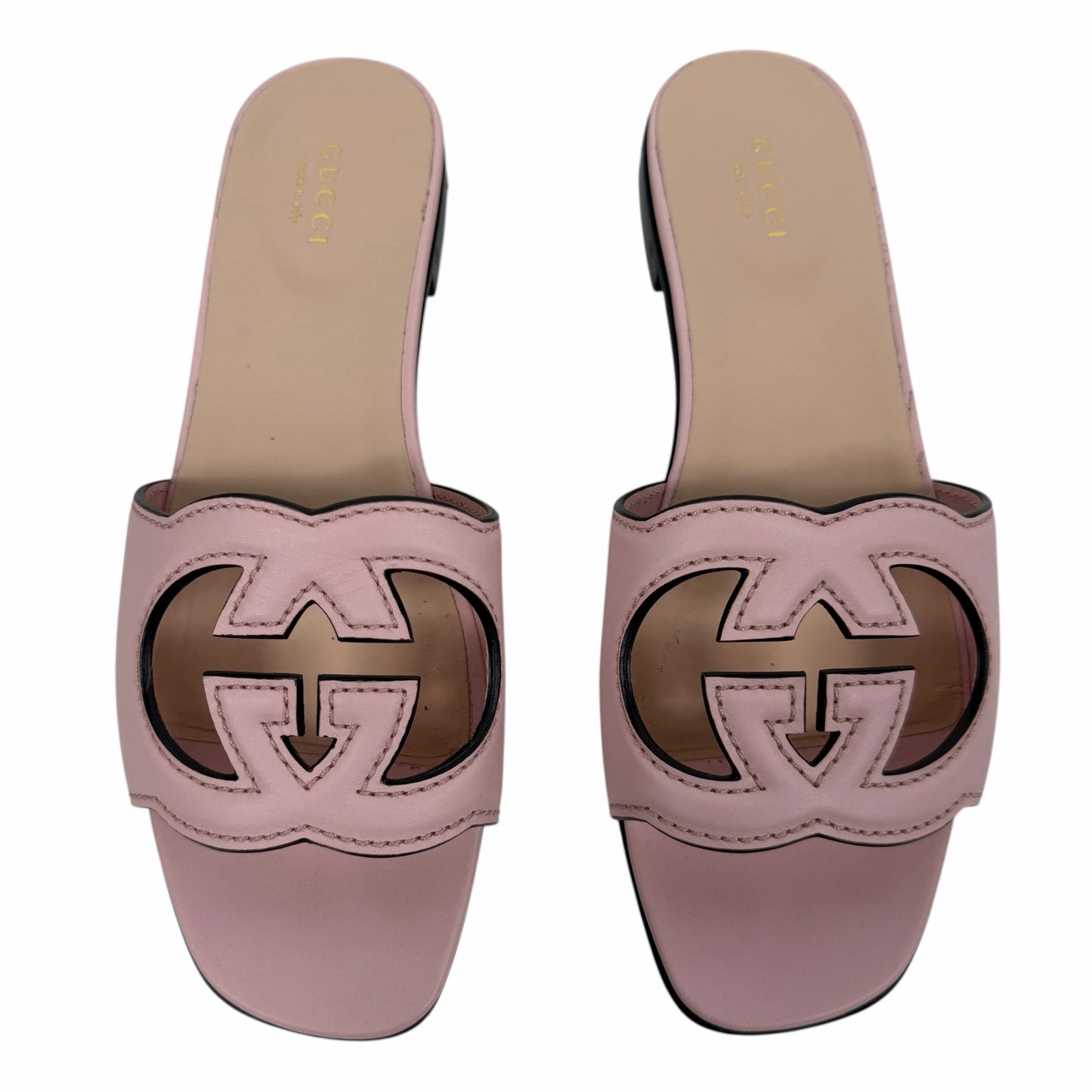 Gucci Interlocking G Cutout Leather Slide Flat Sandal Pink Size 37.5