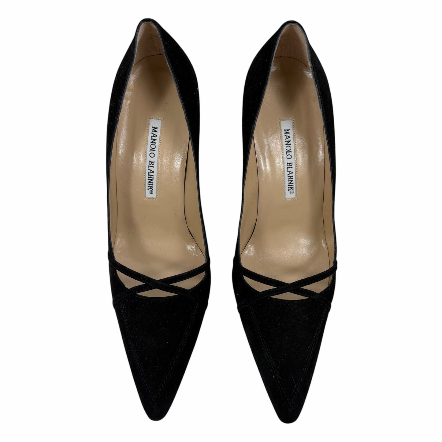 Manolo Blahnik Criss Cross Pointed Toe Suede Pump Black Size 40