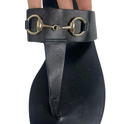 Gucci Horsebit Calf Leather Thong Sandal Slide Black Silver Size 37.5