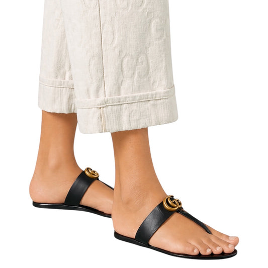 Gucci Black Leather Thong Sandal Gold Double G Logo Size 38.5