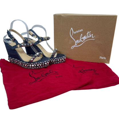 Christian Louboutin Lame Lux Pyraclou 110 Denim Wedge Sandal Blue Size 41
