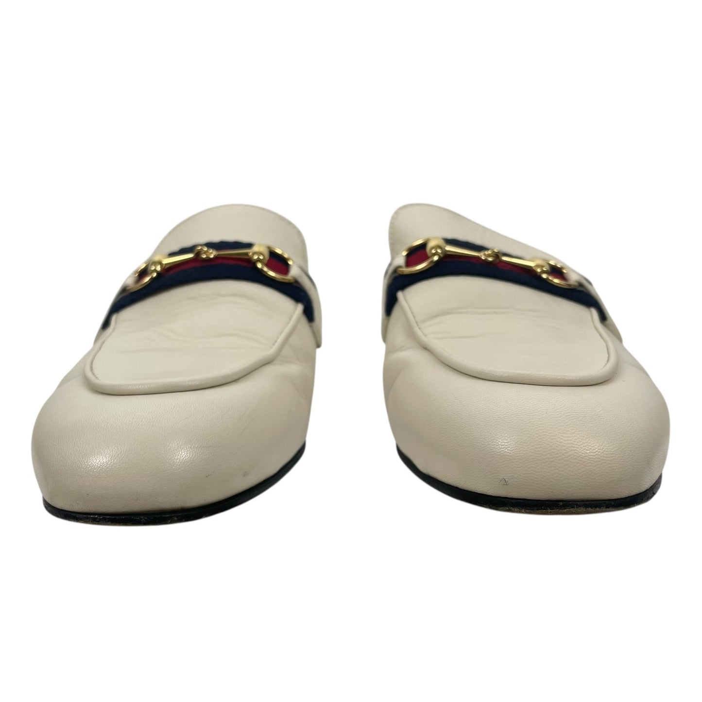 Gucci Princetown Web Leather Slide Mules Gold Horsebit White Size 38