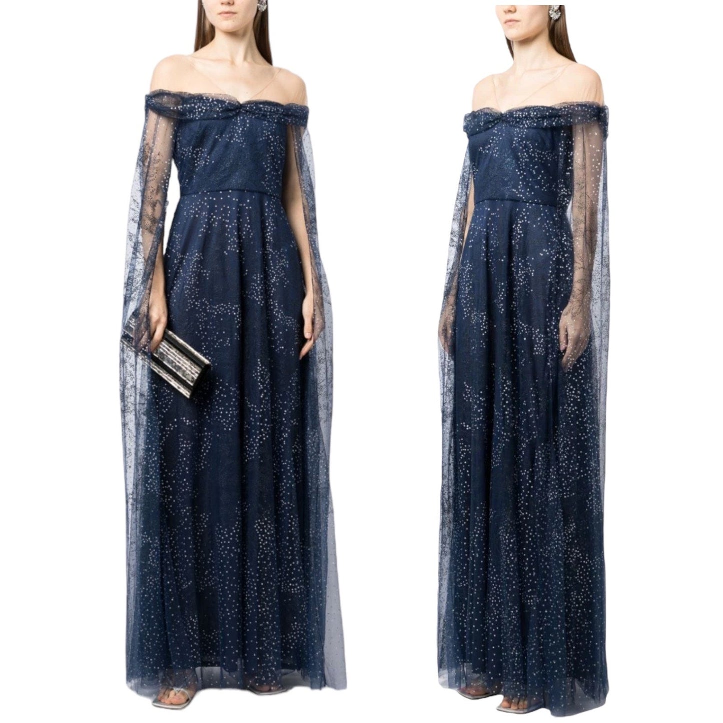 Marchesa Notte Tulle Overlay Cape Embellished Gown Blue Size 0