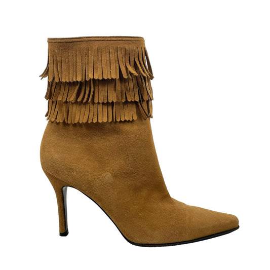 Stuart Weitzman Suede Fringed Ankle Boots Pointed Toe Brown Size 10B