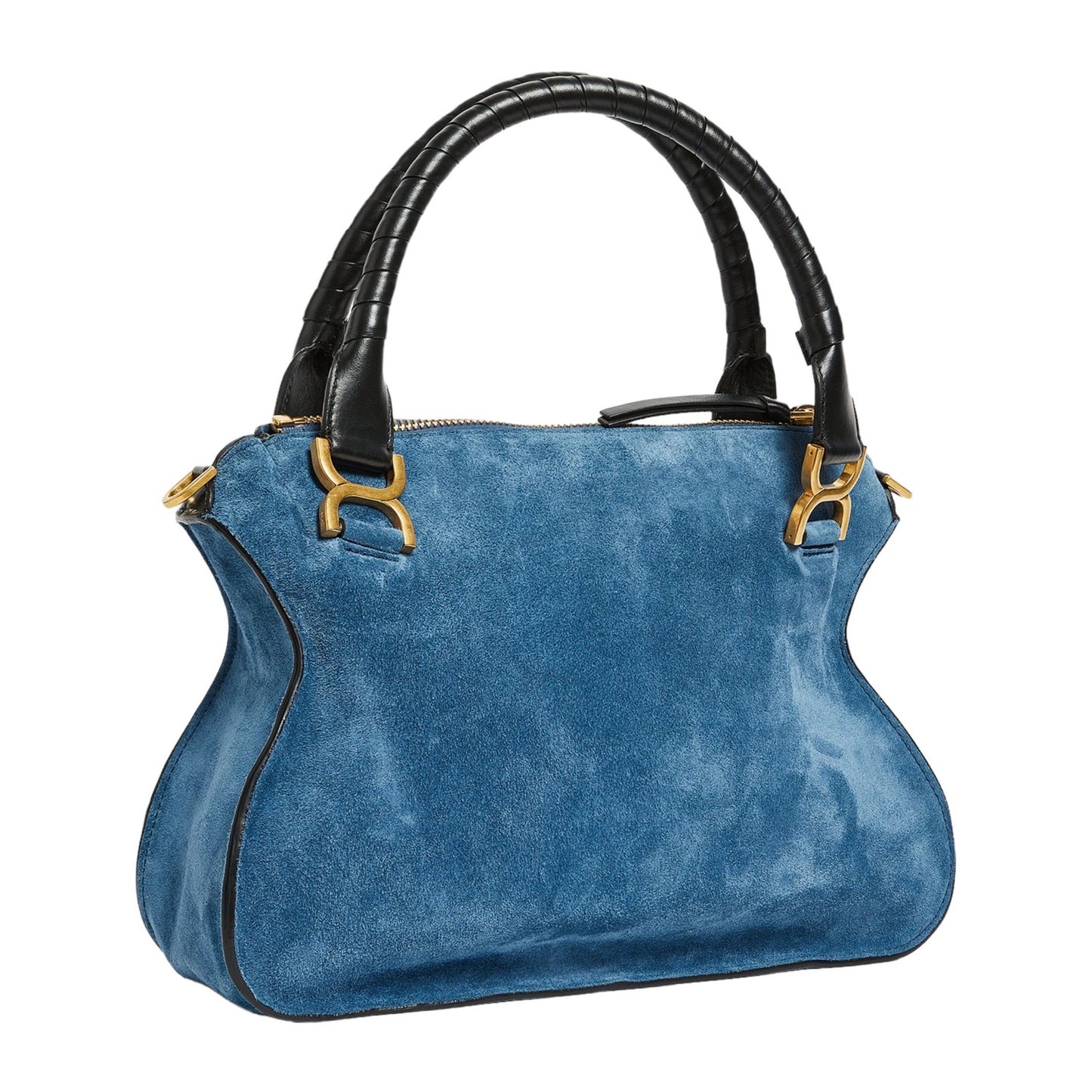 Chloe Small Marcie Double Carry Bag Satchel Suede Leather Trim Blue