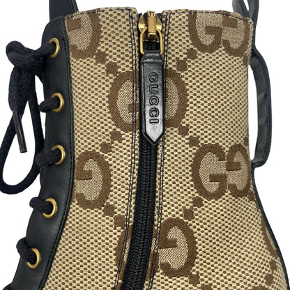 Gucci Flores Calfskin Monogram Double GG Ankle Boots Camel Ebony Size 36