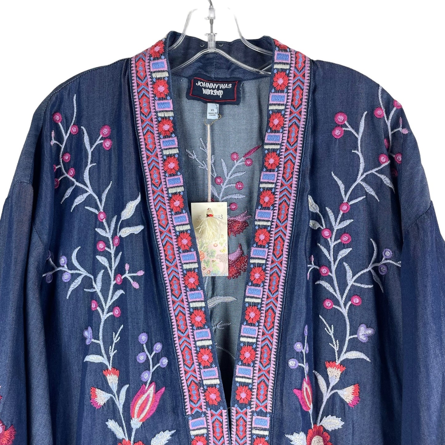 Johnny Was Piper Shirt Tail Kimono Jacket Embroidery Denim Size XL