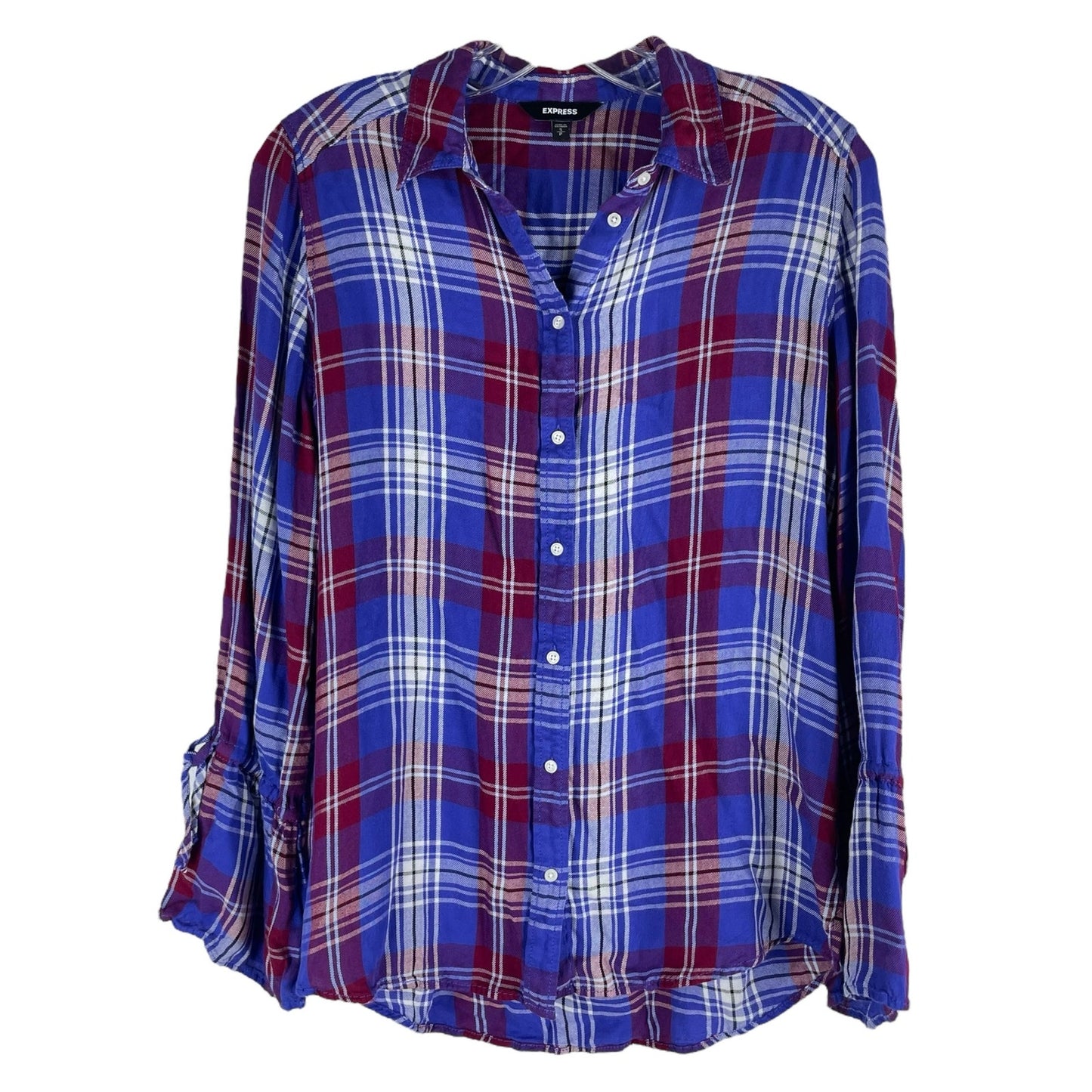 Express Tie Bell Sleeve Plaid Button Front Shirt Hi Low Hem Blue Size S