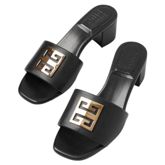 Givenchy 4G Gold Logo Black Nappa Leather Mule Sandal Size 36