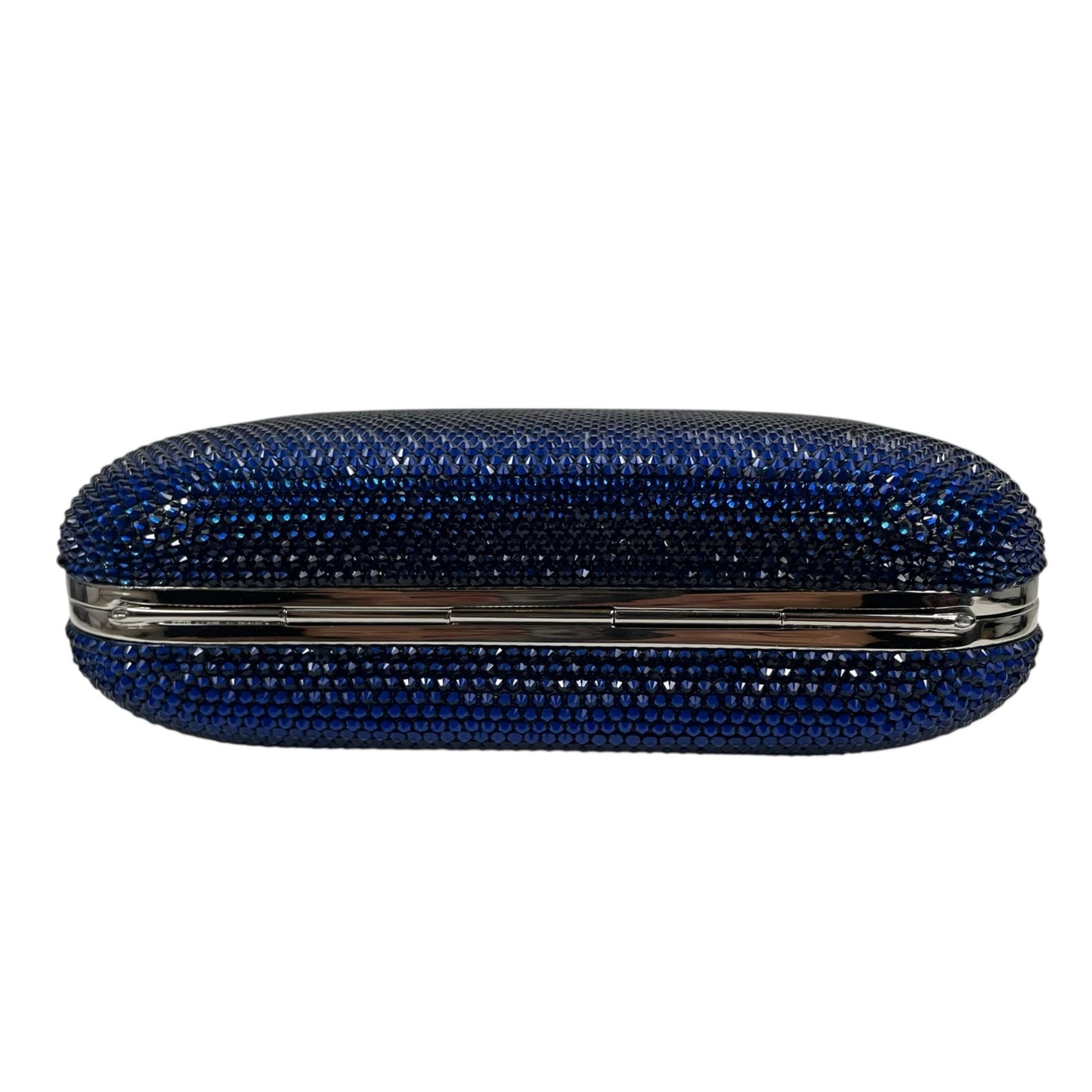 Judith Leiber Crystal Slide Lock Box Minaudiere Clutch Bag Navy Silver