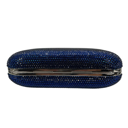 Judith Leiber Crystal Slide Lock Box Minaudiere Clutch Bag Navy Silver