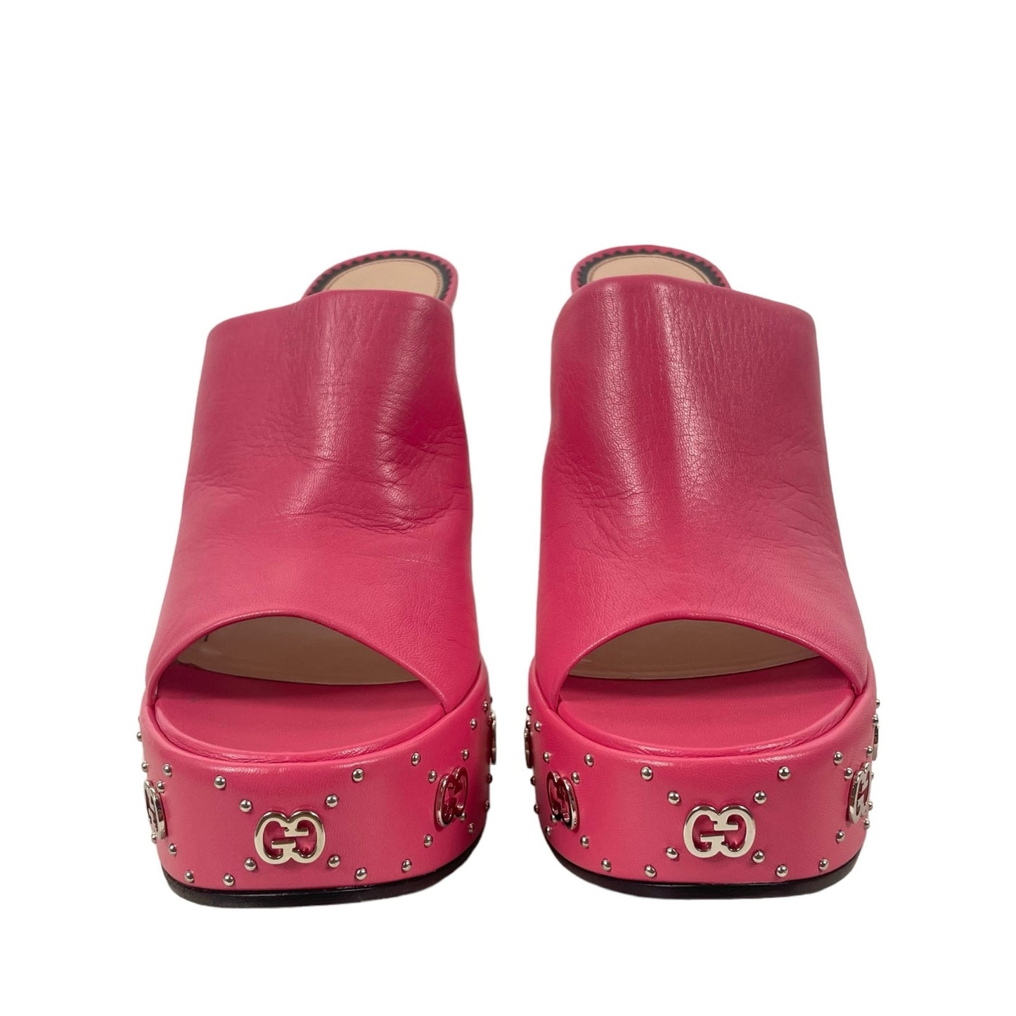 Gucci GG Studs Leather Platform Slide Sandal Rhodamine Pink Size 40