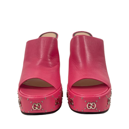Gucci GG Studs Leather Platform Slide Sandal Rhodamine Pink Size 40