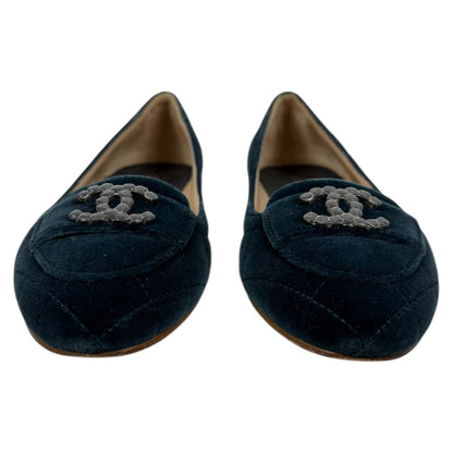 Chanel CC Logo Jeweled Velvet Quilted Slip On Flats Blue Size 39
