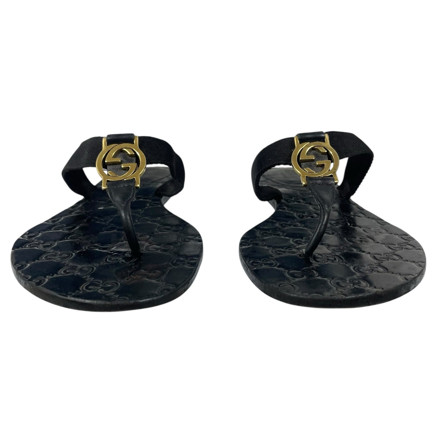 Gucci Interlocking GG Logo Thong Sandal Slide Black Gold Size 41