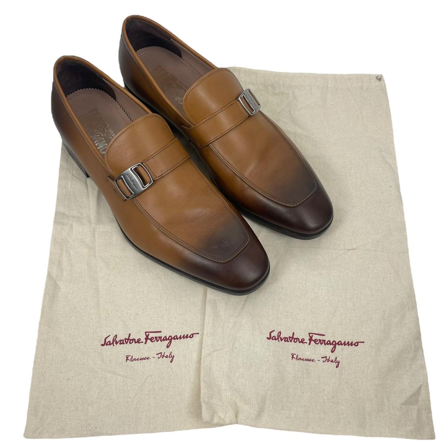 Salvatore Ferragamo Benson Burnished Side Buckle Leather Loafer Size 11E