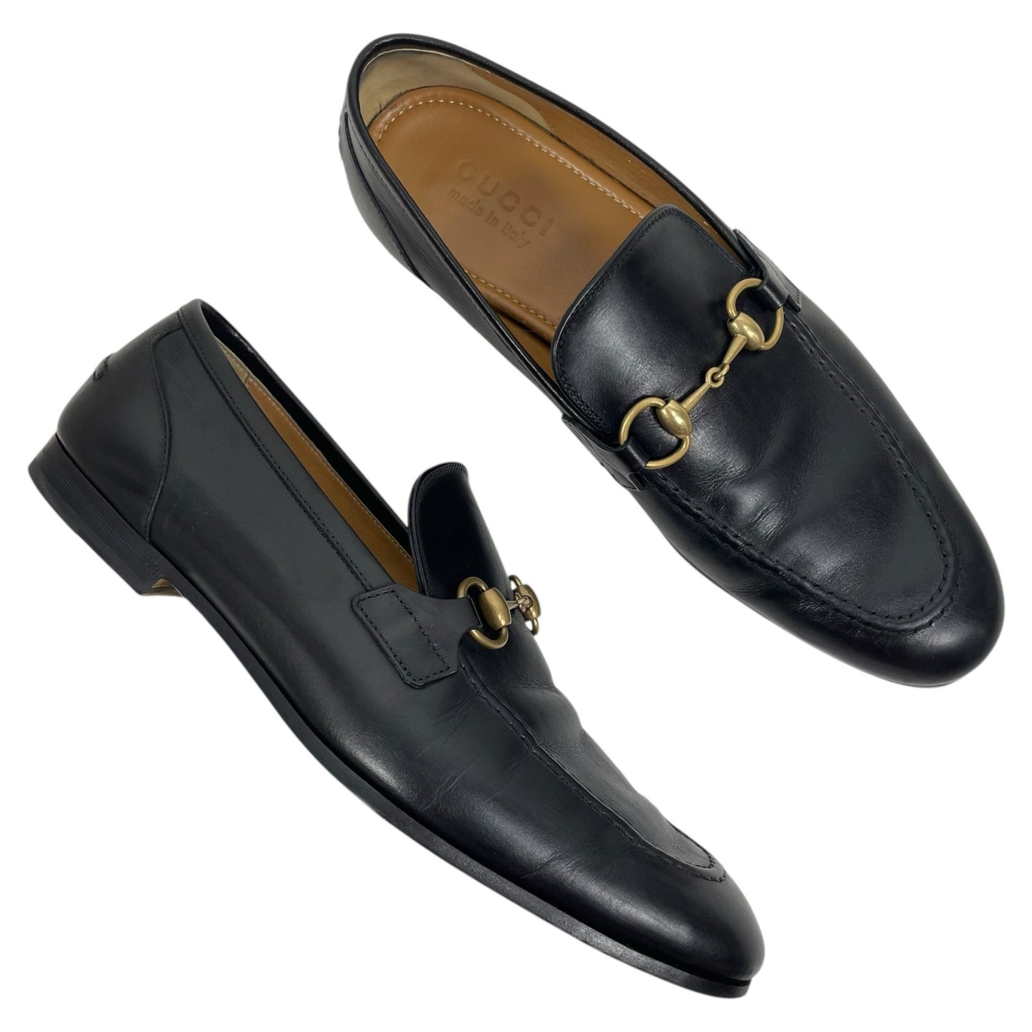 Gucci Jordaan Loafers Black Leather Gold Horsebit Men Size 8.5/ 9