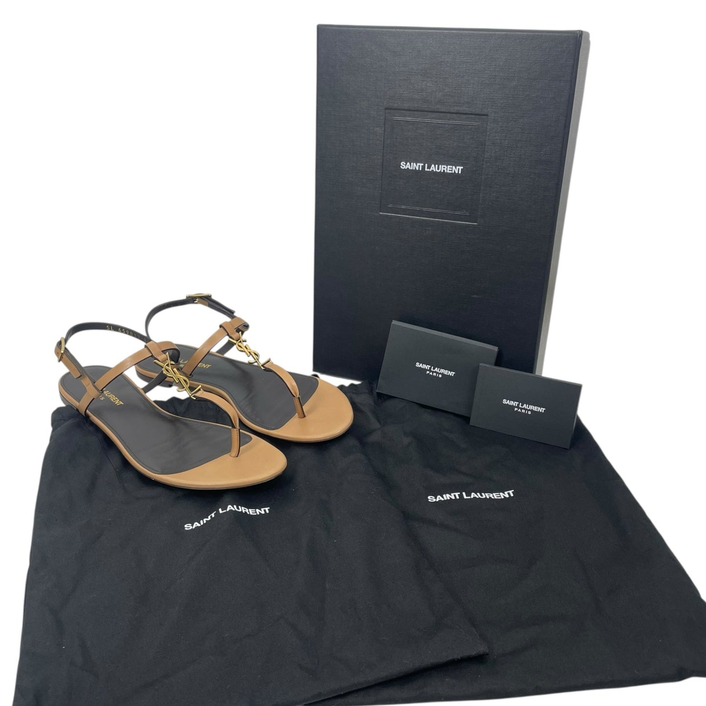Saint Laurent Cassandra Logo Leather Slingback Thong Sandal Tan Size 38
