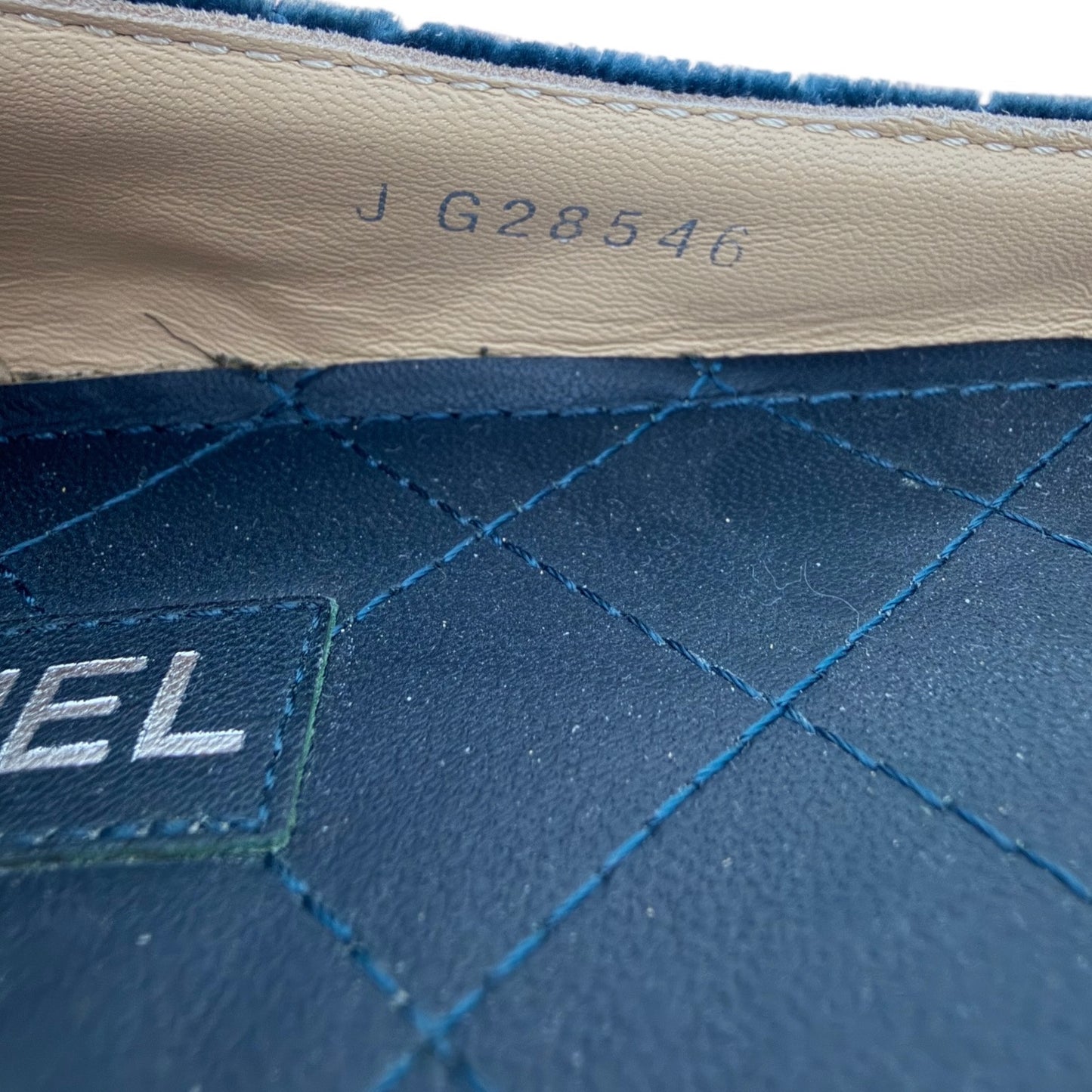 Chanel CC Logo Jeweled Velvet Quilted Slip On Flats Blue Size 39