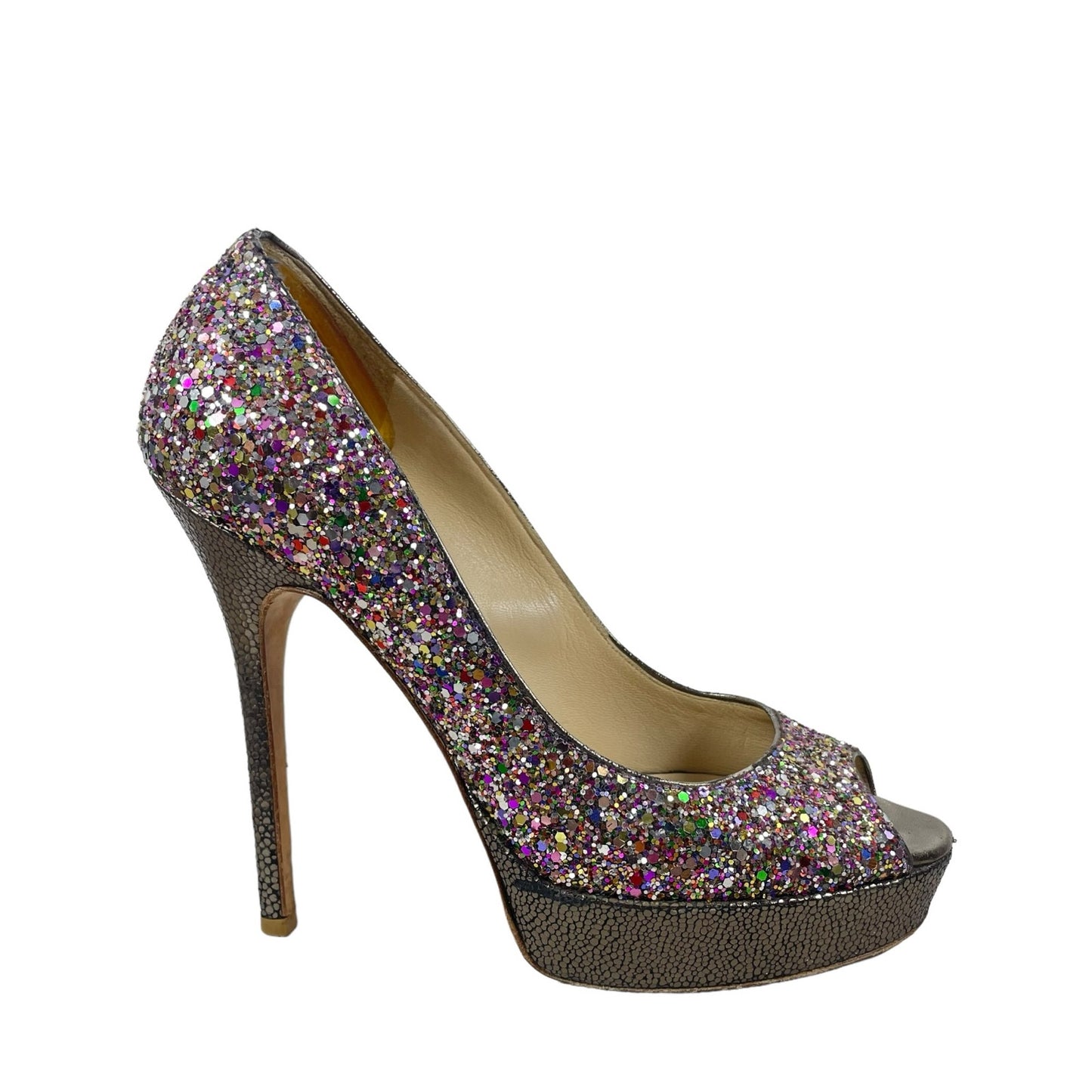 Jimmy Choo Rainbow Glitter Peep Toe Platform Pumps Size 37