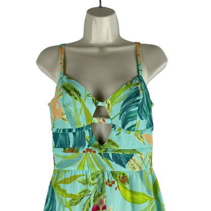 PatBO Tropicalia Leaf Print Jute Trim Midi Dress Islablue Green Size 4