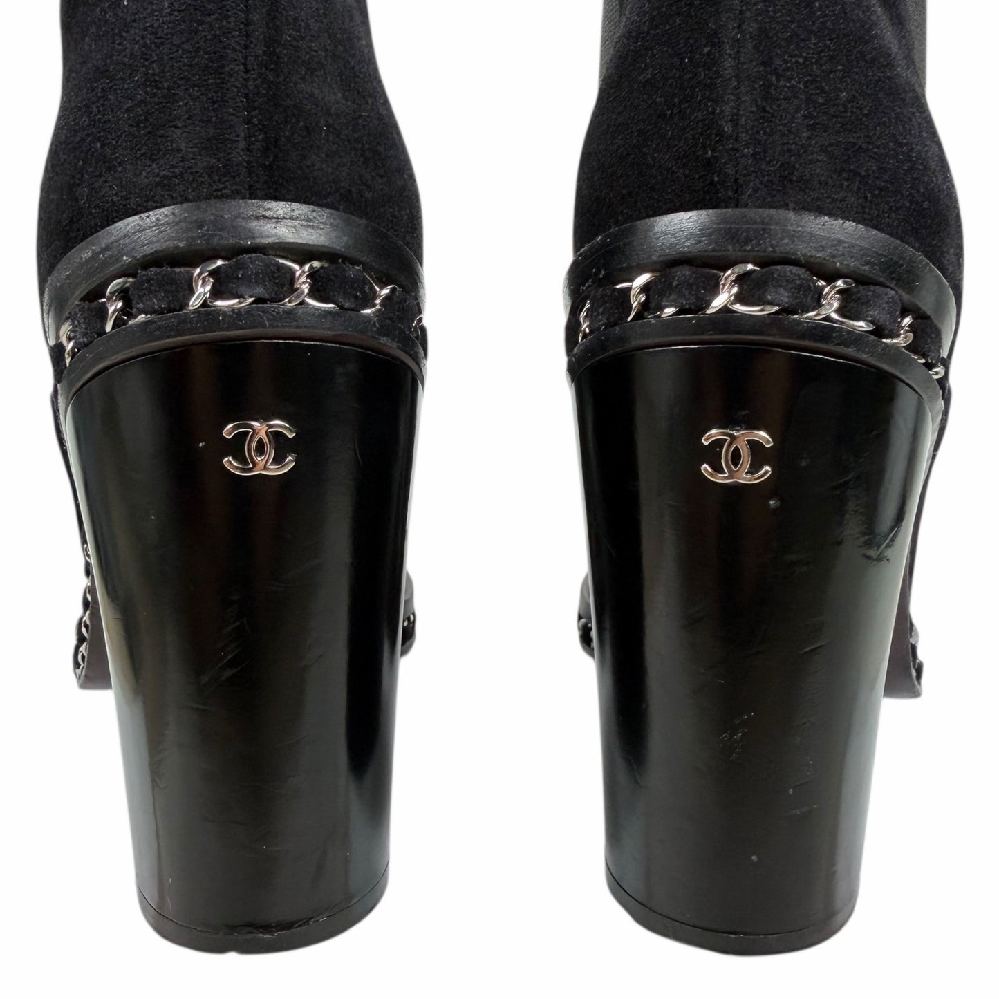 Chanel Interlocking CC Logo Heel Chain Suede Ankle Boots Black Size 40