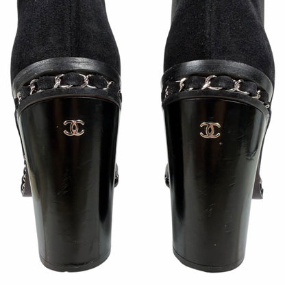 Chanel Interlocking CC Logo Heel Chain Suede Ankle Boots Black Size 40
