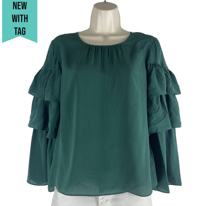 Madewell Silk Ruffle Tiered Sleeve Blouse Top Green Size XS