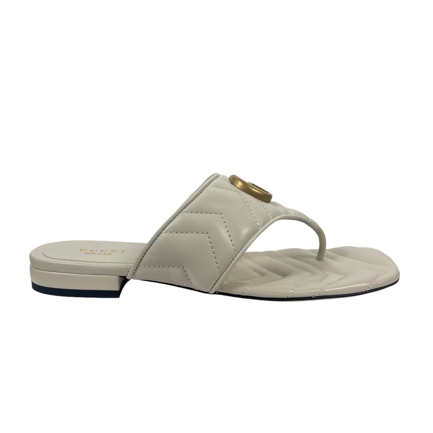 Gucci GG Marmont Leather Thong Sandals Cream White Gold Size 37