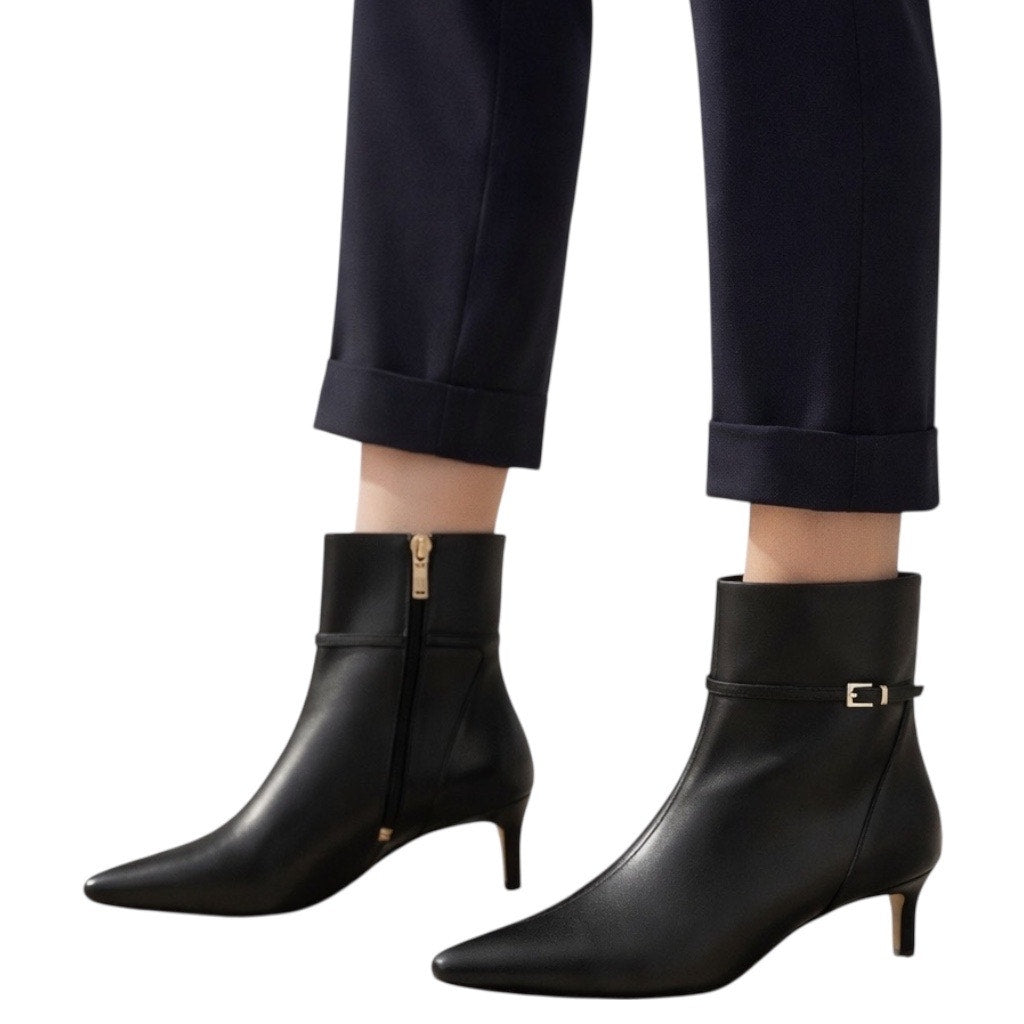 Ann Taylor Pointed Toe Buckle Leather Heel Ankle Boots Black Size 8.5M