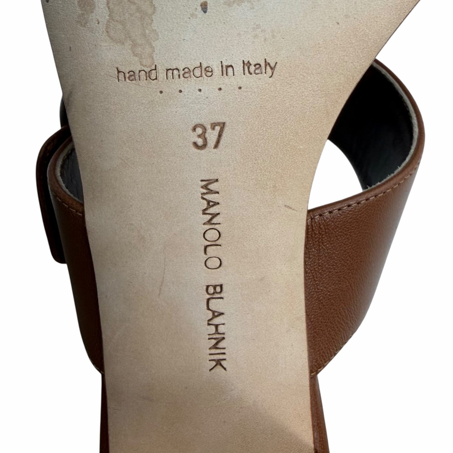 Manolo Blahnik Titubanew Leather Open Toe Mule Sandal Brown Size 37