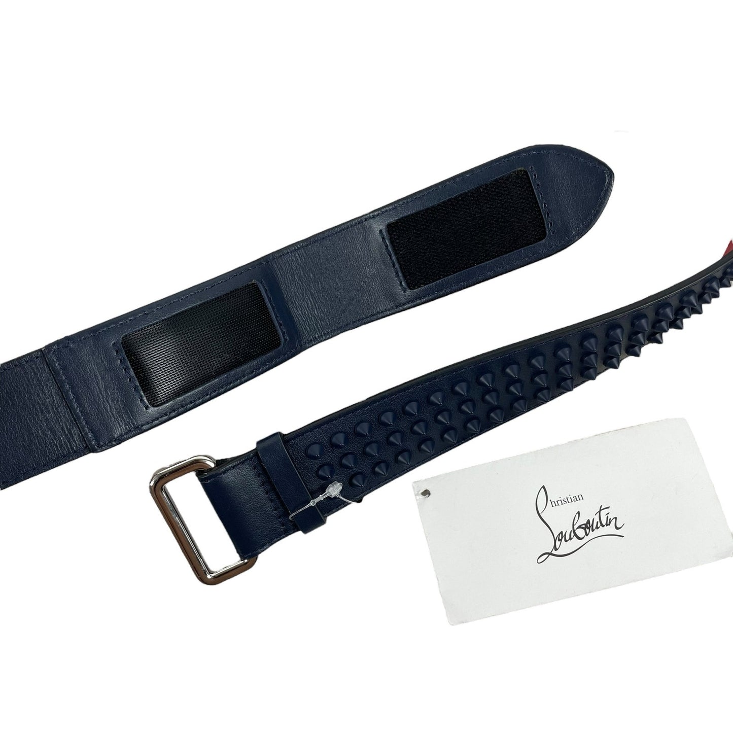 NEW Christian Louboutin Loubi Spike Logo Leather Belt Navy Size 115/46