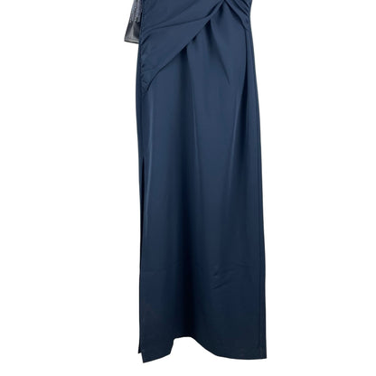 Kay Unger Garbo Gathered Column Gown Short Sleeve Carbon Blue Size 8