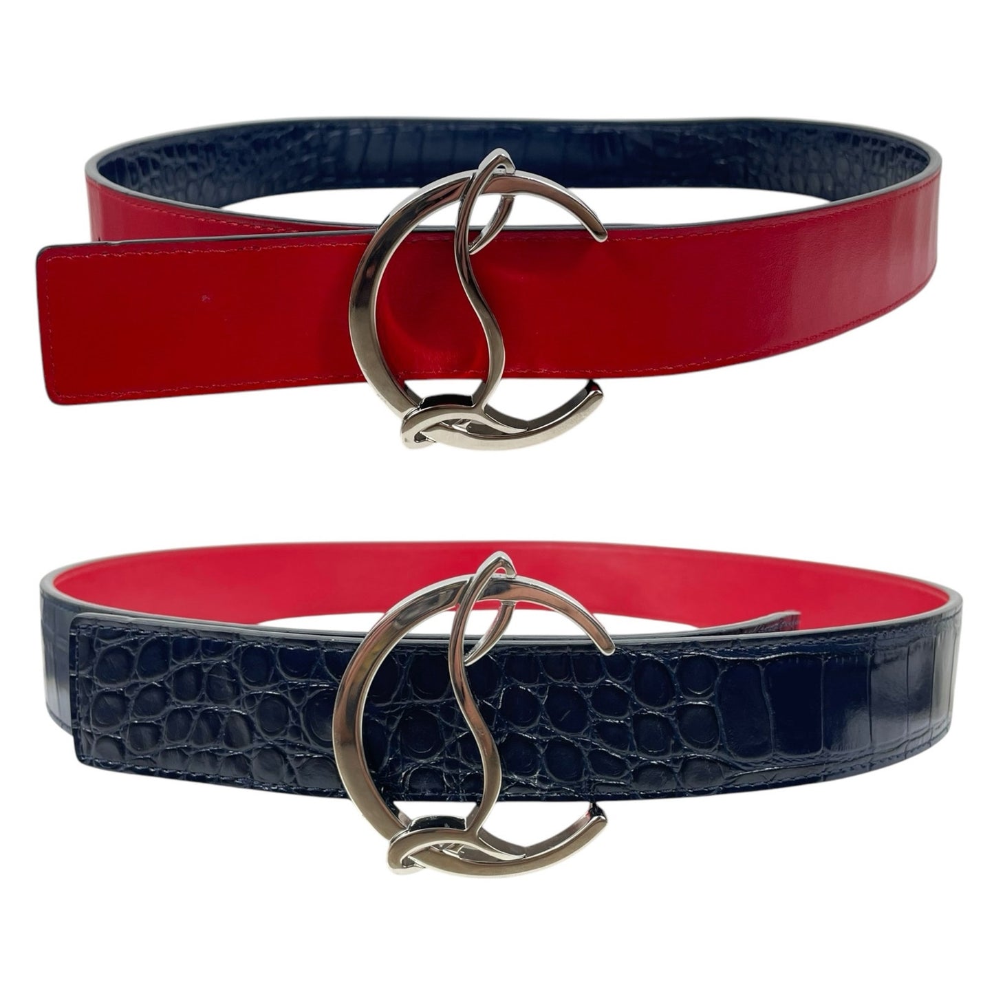 Christian Louboutin CL Logo Crocodile Reversible Leather Belt Blue Size 85/34