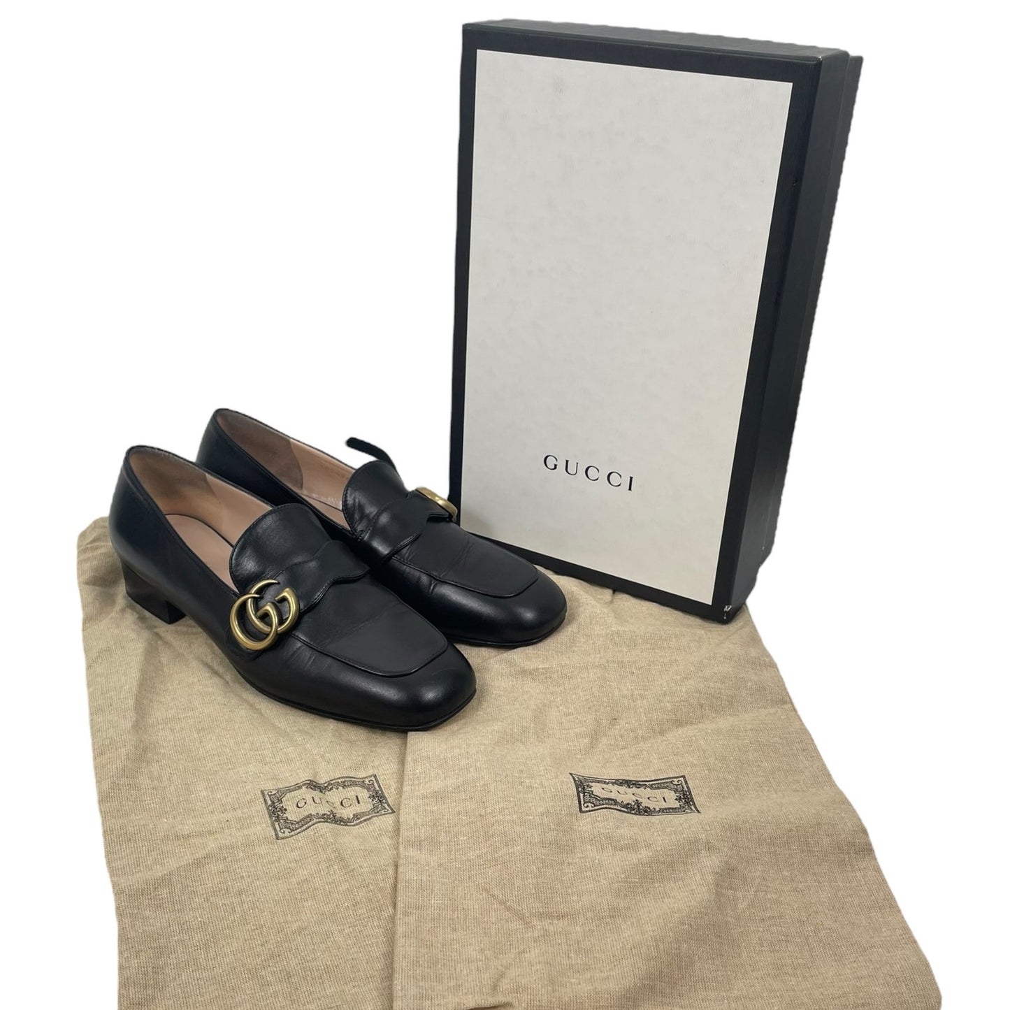Gucci Double GG Logo Square Toe Slip On Leather Loafer Black Size 38