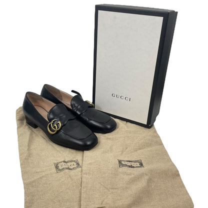Gucci Double GG Logo Square Toe Slip On Leather Loafer Black Size 38