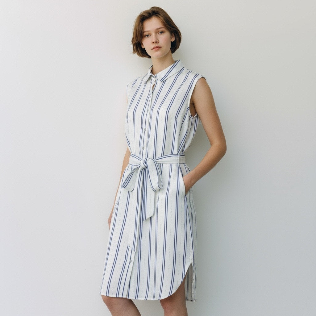 Cotton On Alexis Shirt Dress Sleeveless Belt Tie White Blue Size M