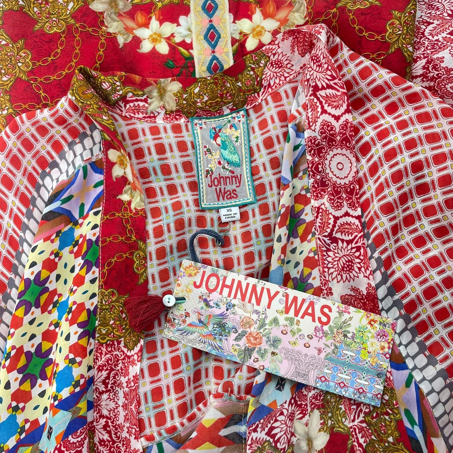 Johnny Was Dolce Mix Print Kimono Jacket Pockets Red Size XS