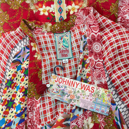 Johnny Was Dolce Mix Print Kimono Jacket Pockets Red Size XS