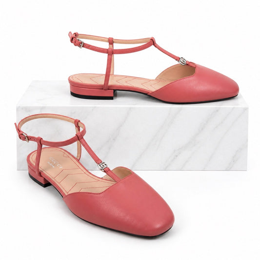 Gucci Double GG T Strap Patent Leather Ballet Flat Pink Size 39.5