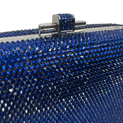 Judith Leiber Crystal Slide Lock Box Minaudiere Clutch Bag Navy Silver