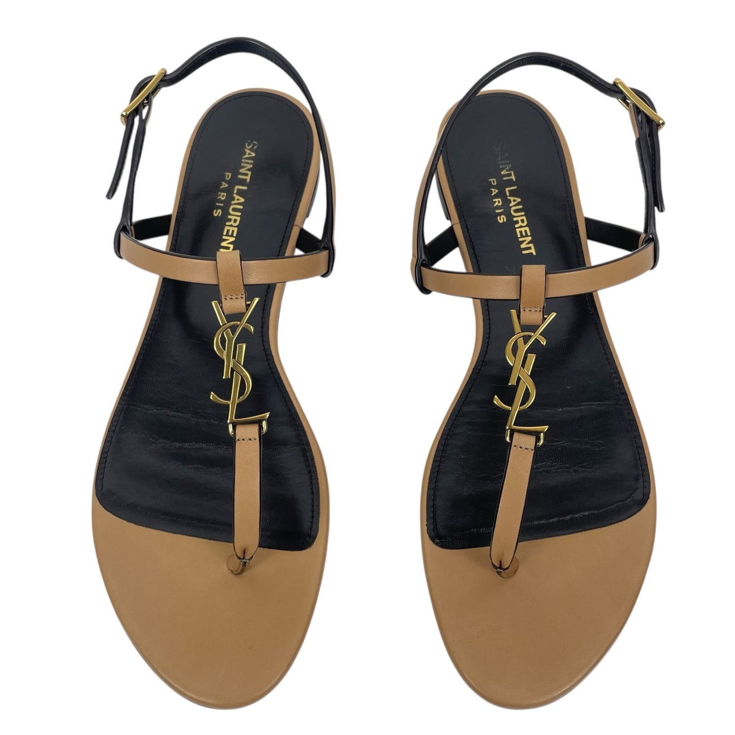 Saint Laurent Cassandra Logo Leather Slingback Thong Sandal Tan Size 38