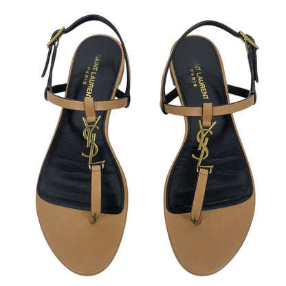 Saint Laurent Cassandra Logo Leather Slingback Thong Sandal Tan Size 38