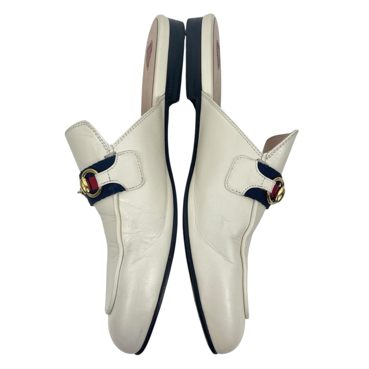Gucci Princetown Web Leather Slide Mules Gold Horsebit White Size 38