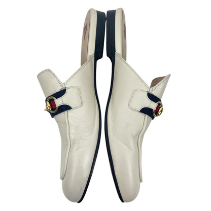 Gucci Princetown Web Leather Slide Mules Gold Horsebit White Size 38